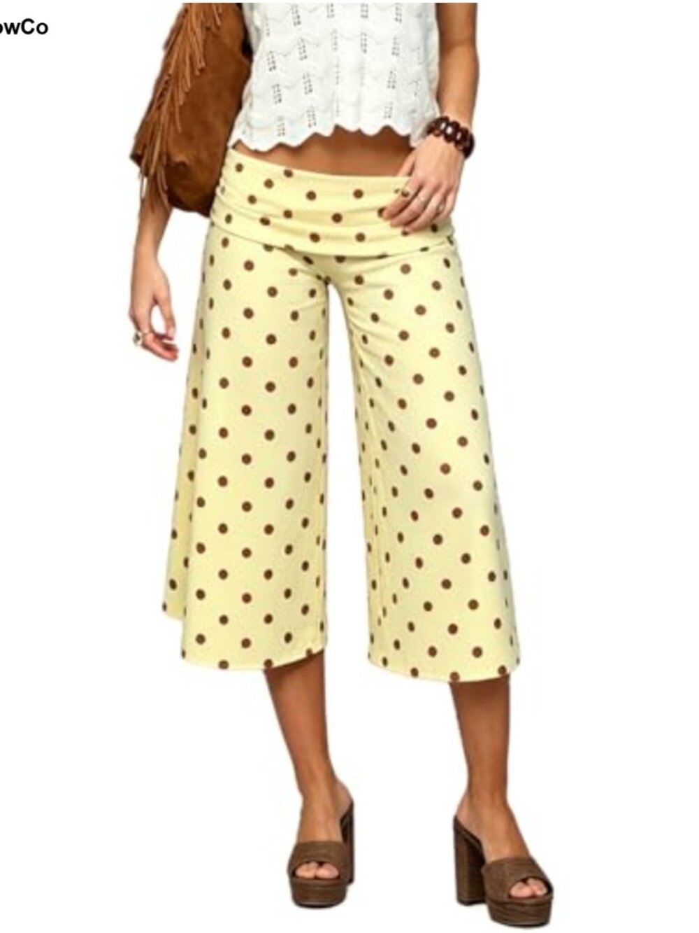 Women's Polka Dot Wide Leg Capri Pants, Fold Over Waist, Low Rise Stretchy Y2K